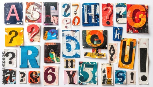 Collage of cut-out letters, numbers, question marks, and exclamation marks in varying styles and colors arranged haphazardly on a white surface