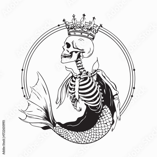 Skull Mermaid Wearing Crown Vector Image isolated on white background