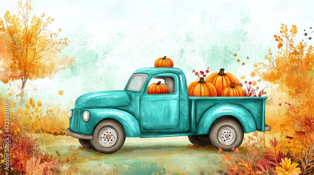Fototapeta premium Rustic truck carrying pumpkins and flowers in autumn landscape