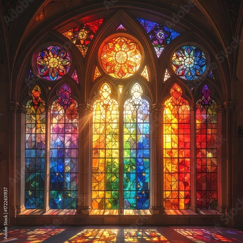Ornate, gothic window of vivid stained glass projects multicolored light onto the floor, creating a mesmerizing spectrum of colors and patterns