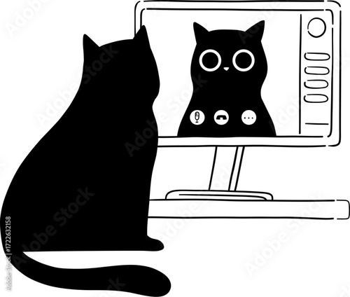 A black cat watches a video call with another black cat