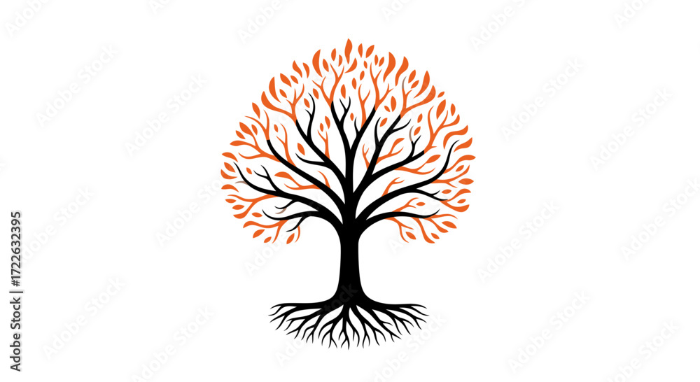 Naklejka premium Vector art of stylized tree with orange leaves and roots