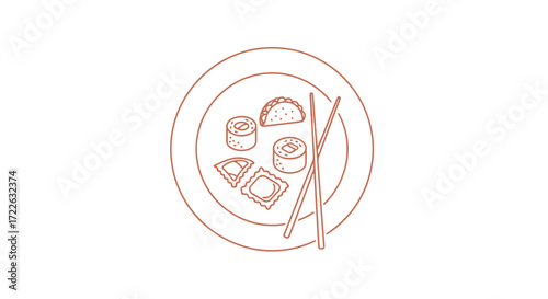 Vector art of plate with sushi, ravioli, and taco