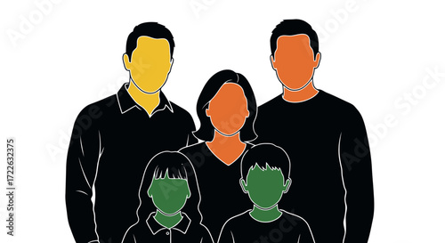 Vector art of family portrait with colorful faces, father, mother, and children