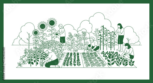Vector art of people gardening and tending to plants in a community garden