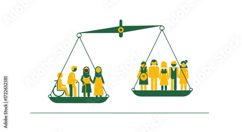Vector art of scales of justice balancing diverse groups of people