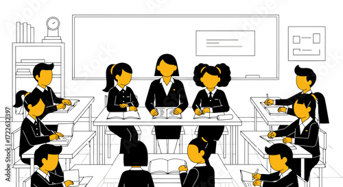 Vector art of classroom scene with teacher and students in a lesson