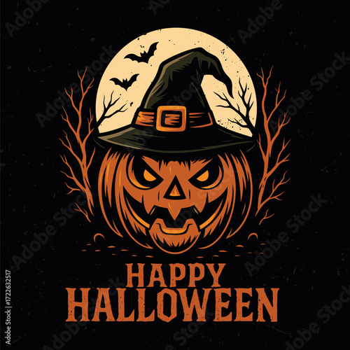 Spooky halloween vector illustration featuring a scary pumpkin with hat. Tee design for printing. Good for poster, wallpaper, t-shirt, gift.