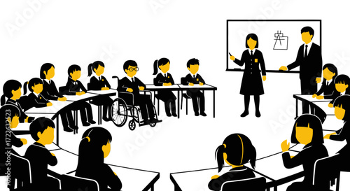 Vector art of classroom setting with teacher and students, including a student in a wheelchair