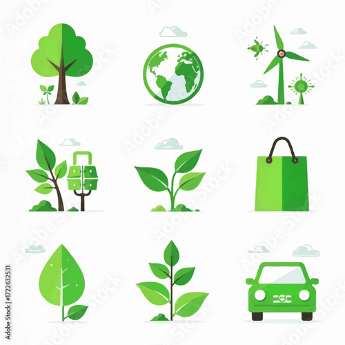 Embrace green living with ecology icons displaying sustainability, renewable energy, and eco-friendly choices, promoting a cleaner future for everyone