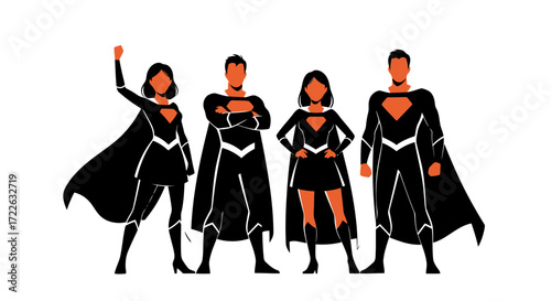 Vector art of four superheroes in black costumes with capes