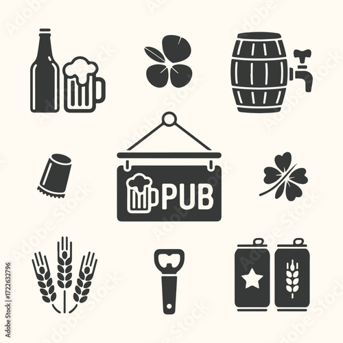 Vector art of collection of beer and pub related icons including a bottle, mug, barrel, cans, wheat, clover, bottle opener, and pub sign, isolated on a light cream background