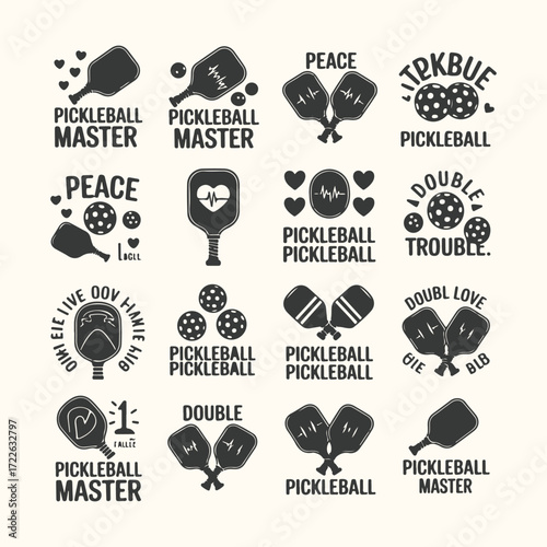 Vector art of collection of pickleball icons and emblems, featuring paddles, balls, and text like pickleball master and peace