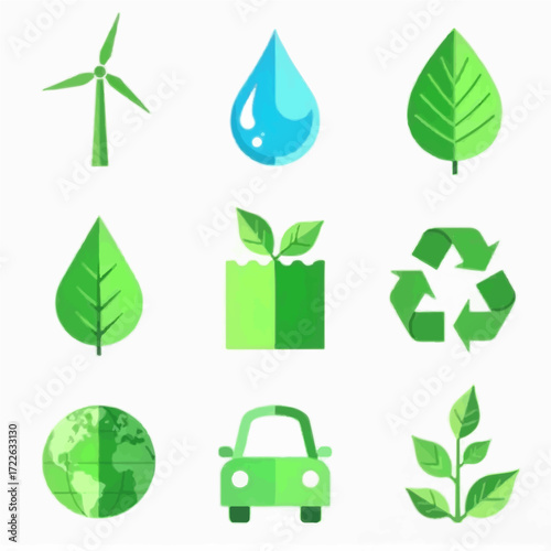 Promote environmental awareness with this collection of icons, showcasing sustainability, clean energy, and eco-friendly transportation for a greener planet