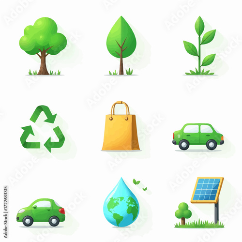 Promote environmental awareness with vibrant icons of green energy, recycling, and eco-friendly transportation for a sustainable future, originally a vector graphic.