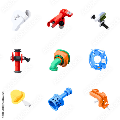 This set of sleek, modern vector icons represents various plumbing tools. Each tool is depicted in a clean, 3D style with distinct colors such as blue, red, black, and green. The icons feature a varie