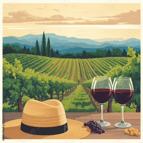 Vineyard picnic at sunset with wine and hat