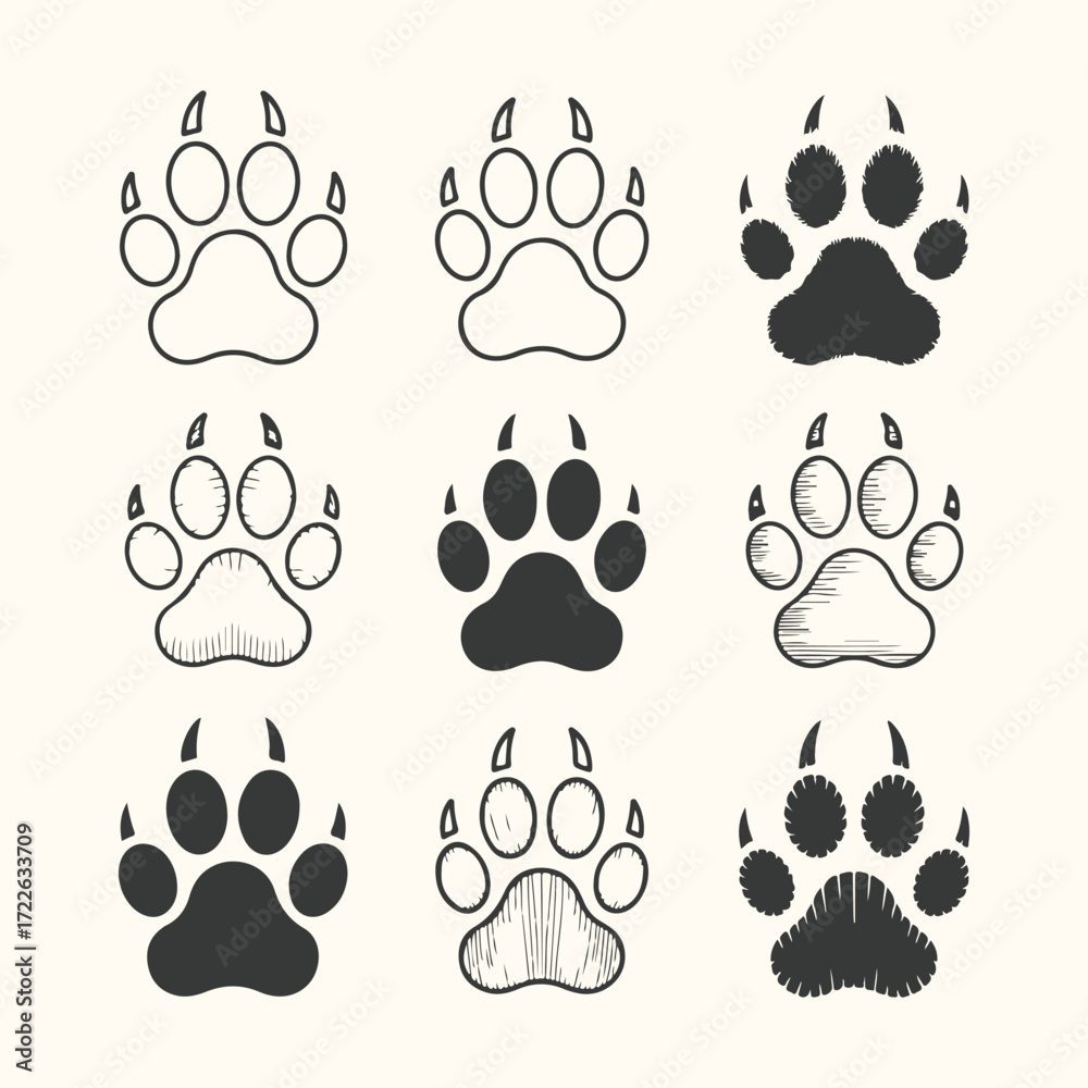 Fototapeta premium Vector art of collection of nine stylized paw print illustrations, some filled, some outlined, and some hatched, representing animal tracks and footprints