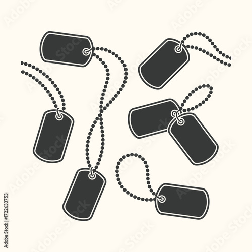Vector art of a collection of six blank black dog tags with ball chains, arranged in a scattered pattern on a light cream background, symbolizing military identity and remembrance