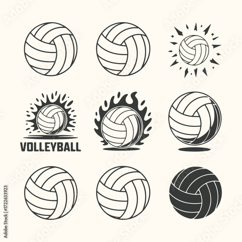 Vector art of collection of stylized volleyball illustrations, featuring various designs and action shots, perfect for sportsthemed projects and graphic design elements