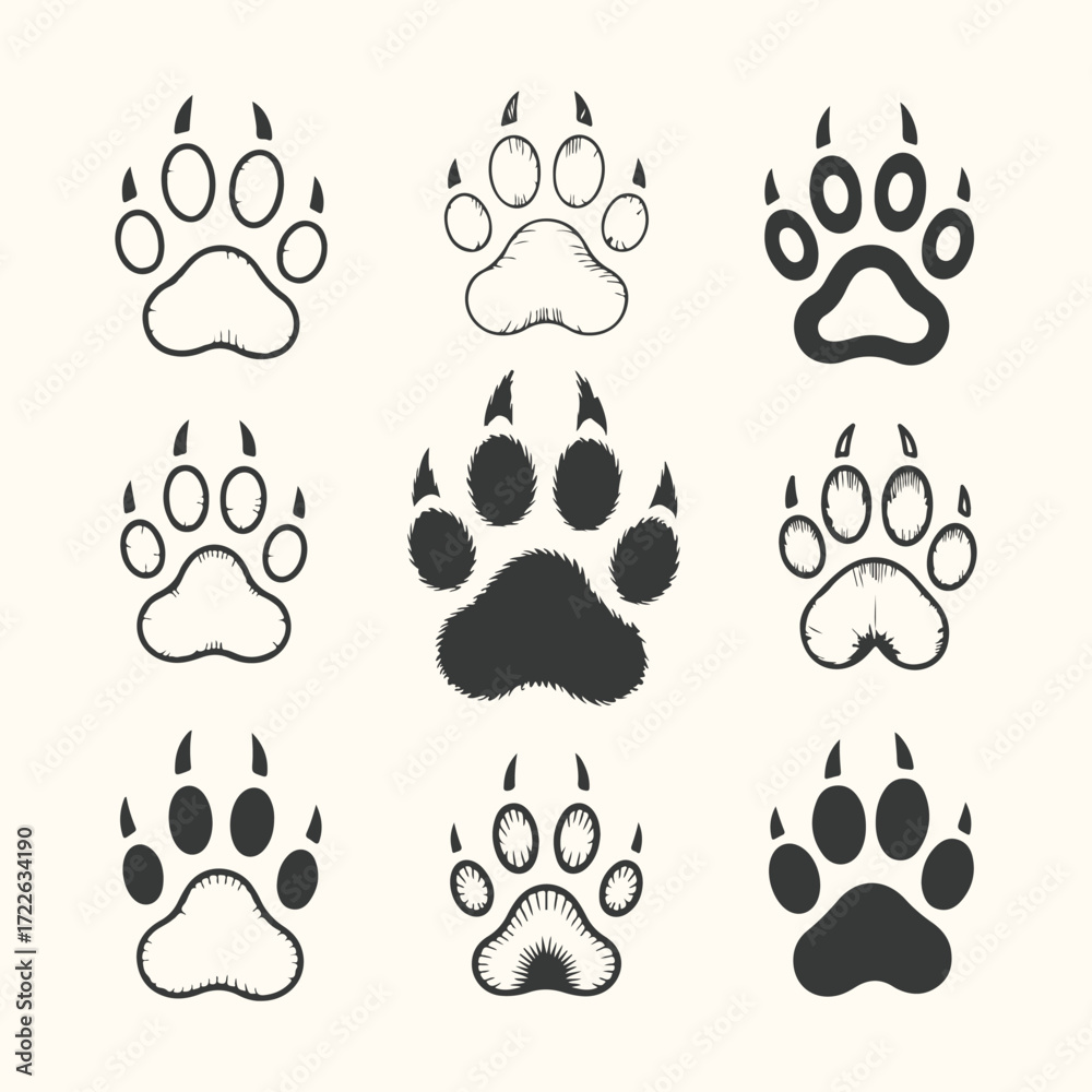 Fototapeta premium Vector art of collection of nine different paw print illustrations, some filled and some outlined, on a light cream background