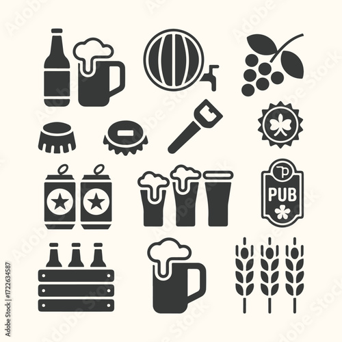 Vector art of collection of beer and pub related icons including bottles, mugs, cans, barrel, grapes, bottle caps, opener, clover, pub sign, crate, and wheat
