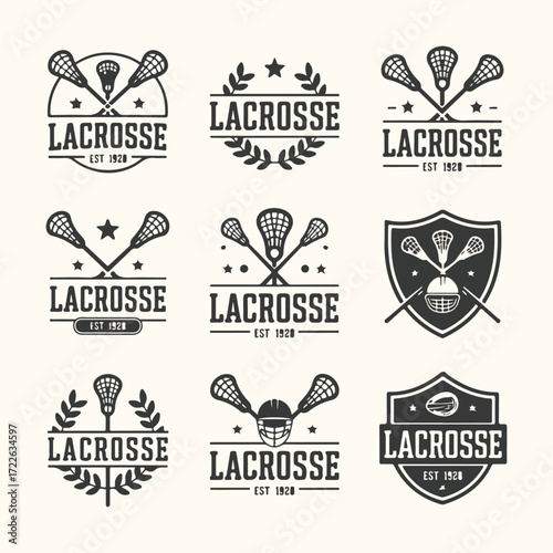Vector art of collection of nine vintage lacrosse sport emblems and logos featuring crossed sticks and helmets, isolated on a