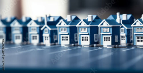 A small model of houses in blue and white colors. Real estate market growth, Generative AI	
