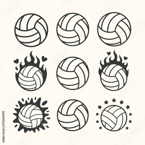 Vector art of collection of nine stylized volleyball illustrations, , featuring various designs like flames, hearts, and stars, suitable for sports graphics and designs