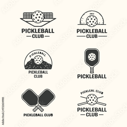Vector art of collection of six stylized pickleball club logos featuring pickleball paddles, nets, and balls, presented in a vintage, retro, or emblem design style