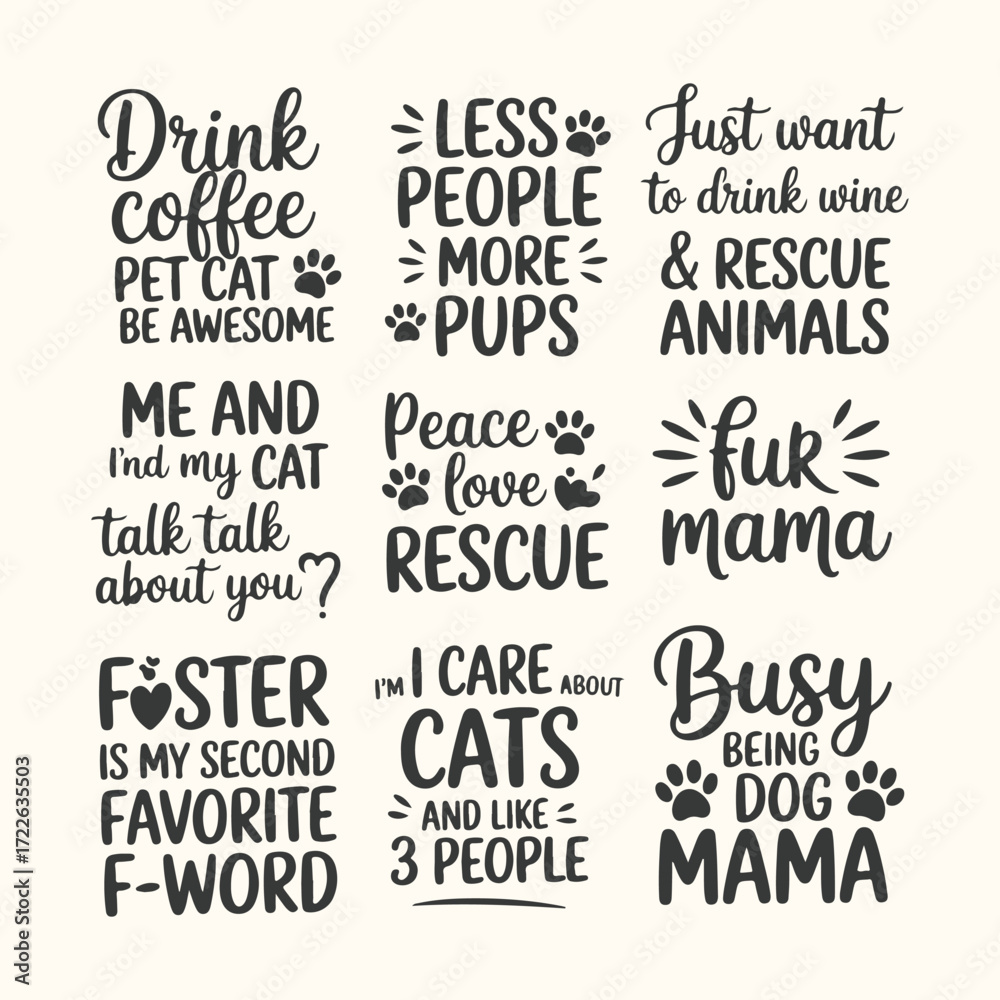 Fototapeta premium Vector art of a collection of nine humorous, handlettered quotes about cats, dogs, coffee, wine, and motherhood, isolated on a cream background