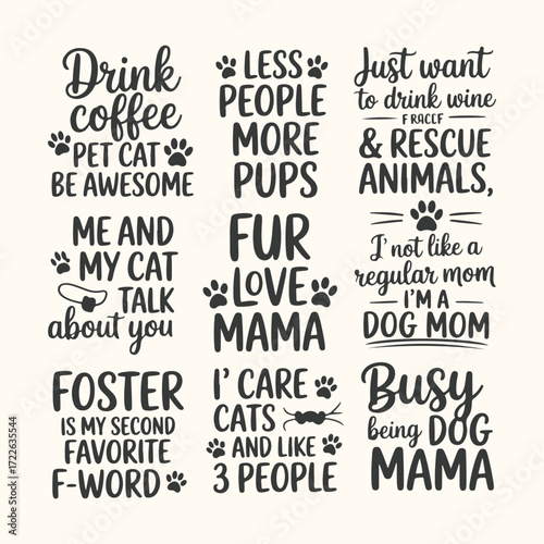 Vector art of collection of funny and relatable quotes about coffee, cats, dogs, and motherhood, isolated on a