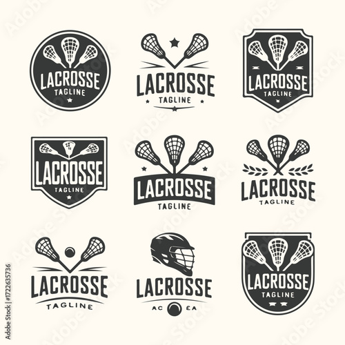 Vector art of collection of nine vintage lacrosse logos and emblems, featuring crossed sticks, balls, helmets, and shields, suitable for sports branding and design elements