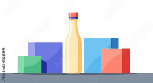 Assortment of various packaged goods and a bottle.