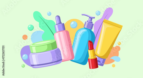 Colorful assortment of beauty and cosmetic products for skincare and makeup routines.