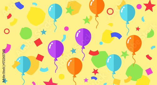 Colorful balloons and confetti scattered across a vibrant background.