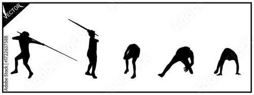 Five silhouettes of javelin throwers. Athletics, different poses. Vector illustration.
