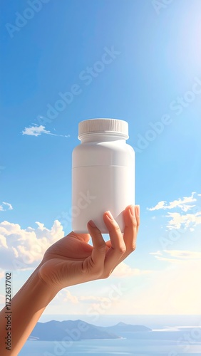 Hand holding a blank white bottle against a vibrant blue sky