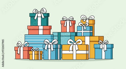 Colorful Stack of Gift Boxes with Ribbons and Bows.