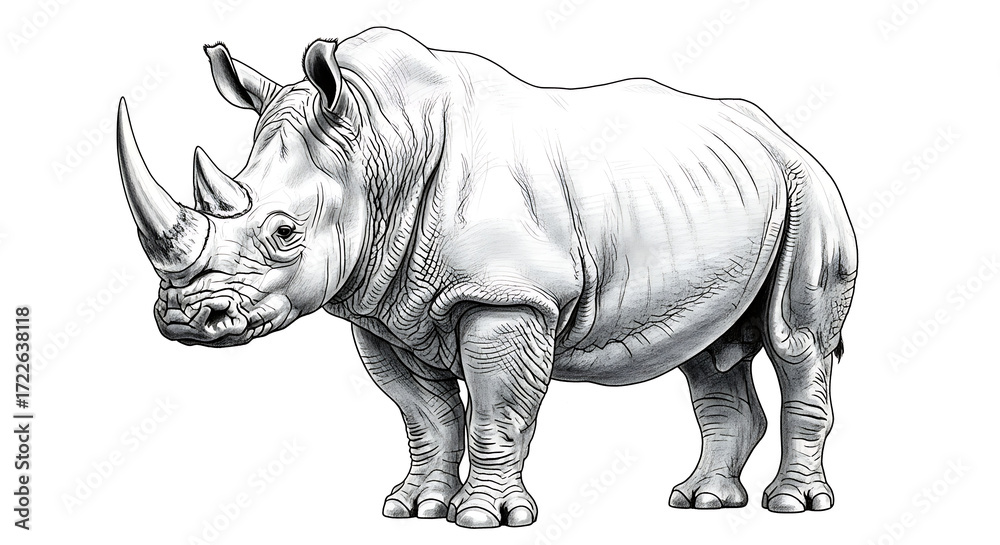 Fototapeta premium Full Body Rhinoceros Pencil Drawing in Side View Standing Pose Black and White