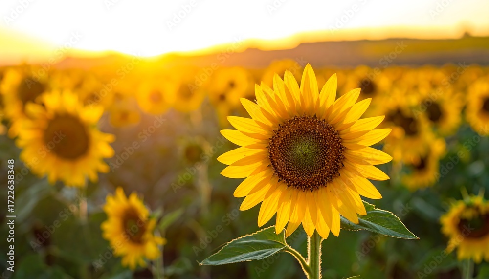 Fototapeta premium Golden sunflower field at sunset