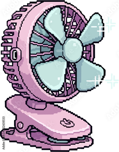 A pink pixel art desk fan with a clip, sparkling, suggesting coolness and refreshing breeze.