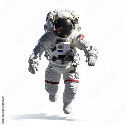 Astronaut in a spacesuit floats weightlessly. Clear visor reflects a starscape, against a pure white background, implying space travel