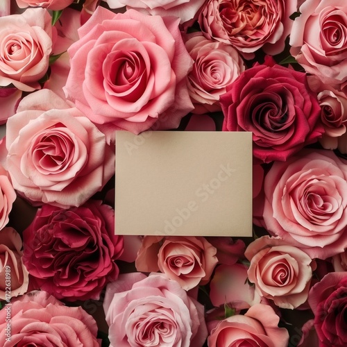 A blank card rests amidst a lush bed of pink and red roses offering a romantic backdrop