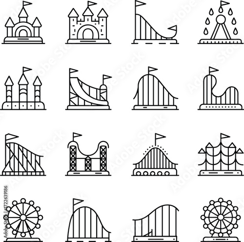 amusement park, roller coaster, Ferris wheel, castle, circus tent, water slide, icon, vector, line art, black and white, graphic, entertainment, ride, funhouse, splash 