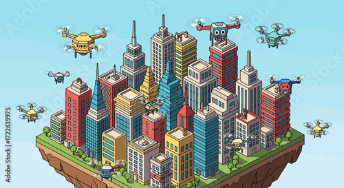 Futuristic Cityscape with Drones Flying Around Skyscrapers.