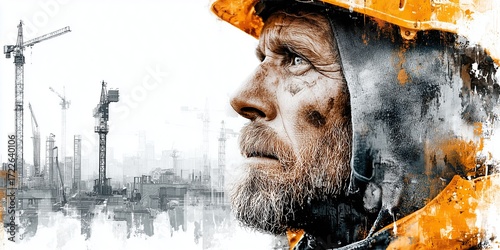 Double exposure image of a male engineer at a construction site