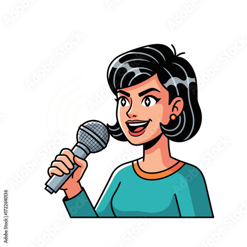 Woman Announcing on a Microphone Illustration Depicting Public Speaking and Communication