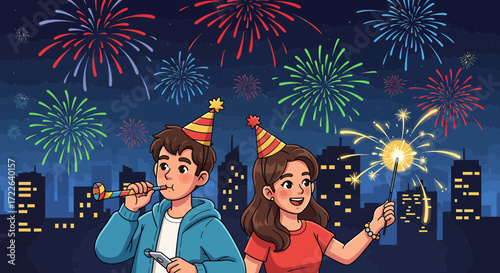 Couple celebrating New Year's Eve with fireworks and sparklers in a city skyline