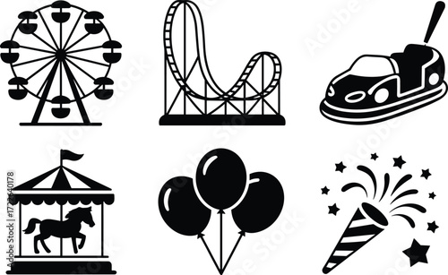 Carnival, amusement park, Ferris wheel, roller coaster, bumper car, carousel, balloons, party popper, festive icons, black and white, silhouette, entertainment, celebration, fairground, 